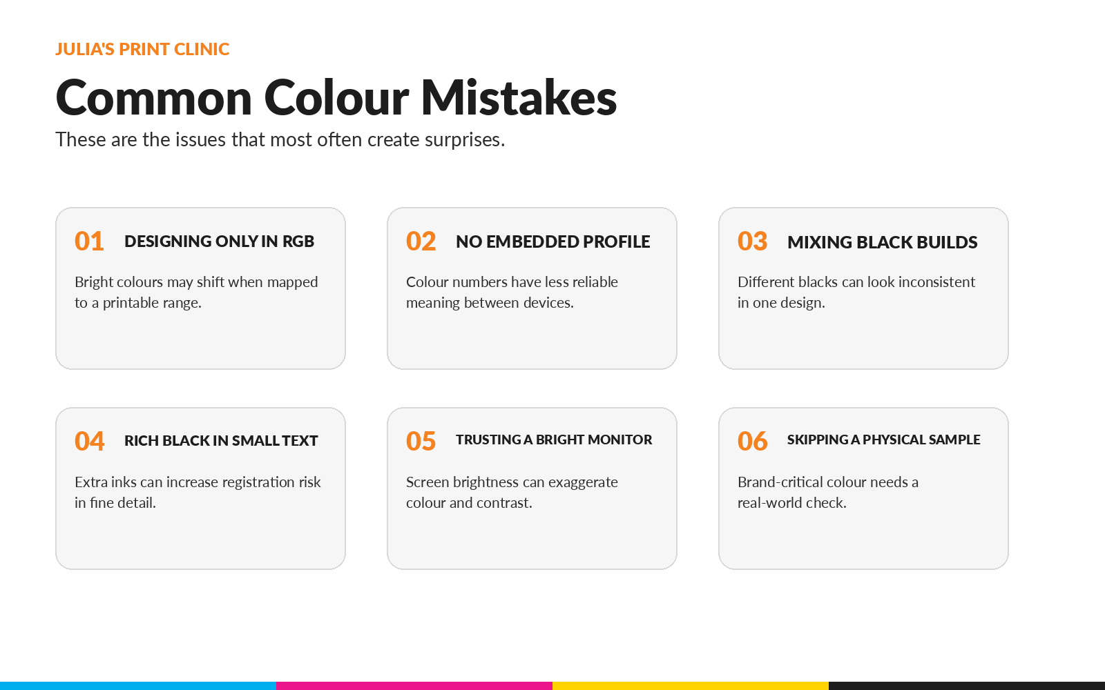 Common artwork colour mistakes including RGB-only design, mixed blacks and trusting a bright monitor