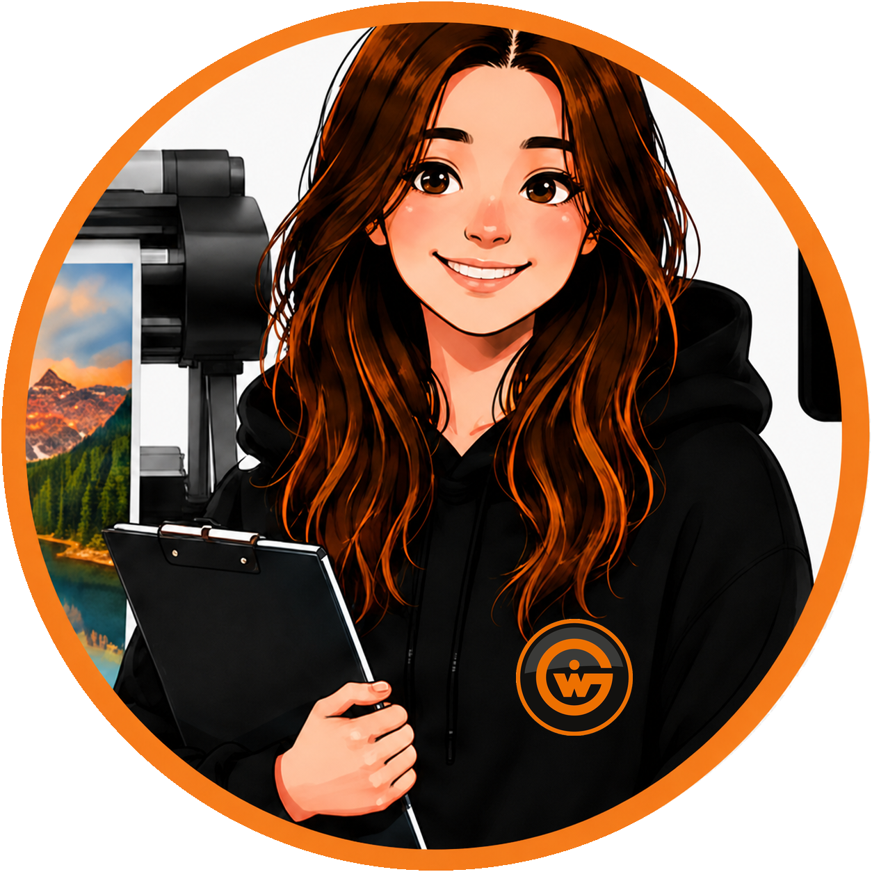 Illustrated portrait of Julia wearing a Graphic Warehouse roundel hoodie