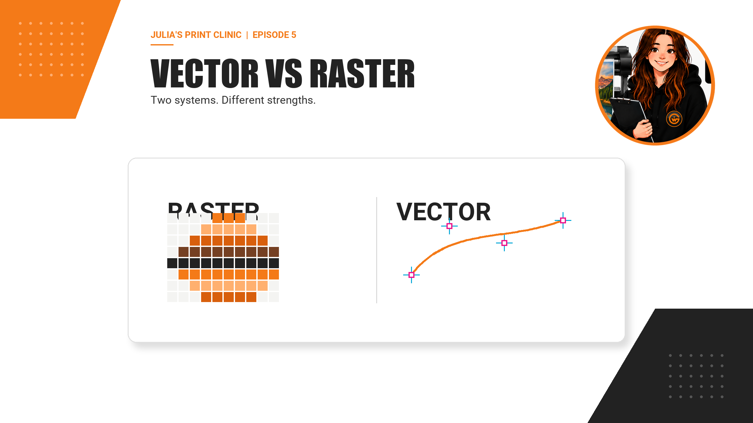 Vector and raster comparison showing pixels beside a scalable path with anchor points.