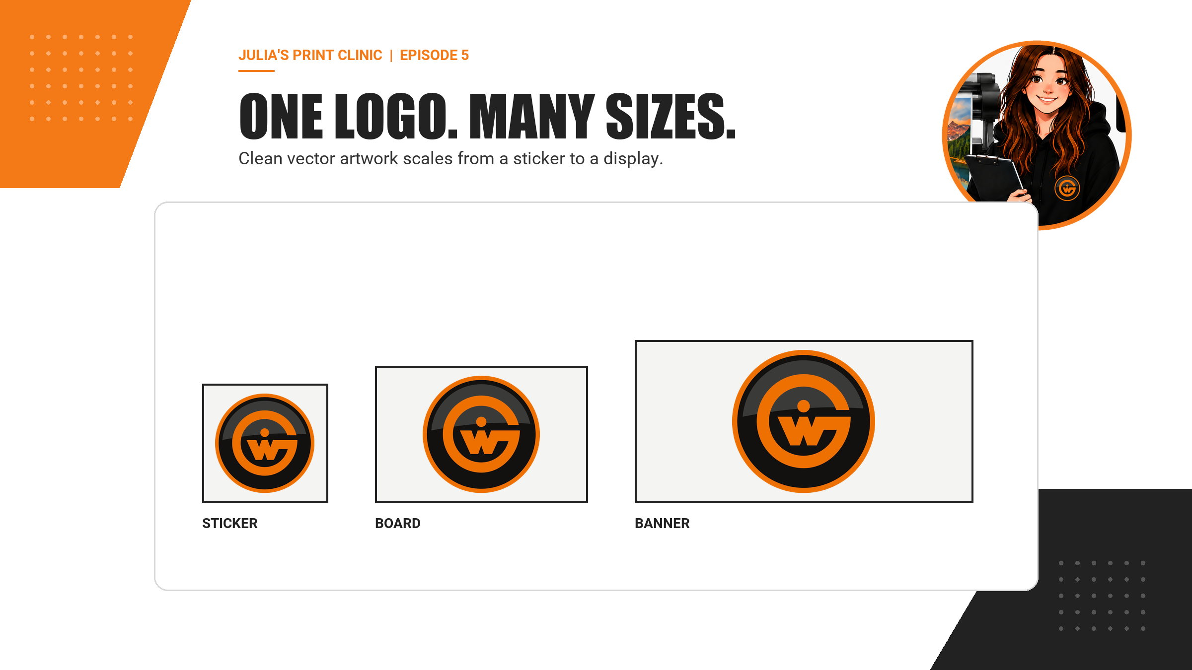 The same Graphic Warehouse roundel shown sharply on a sticker, board and banner.