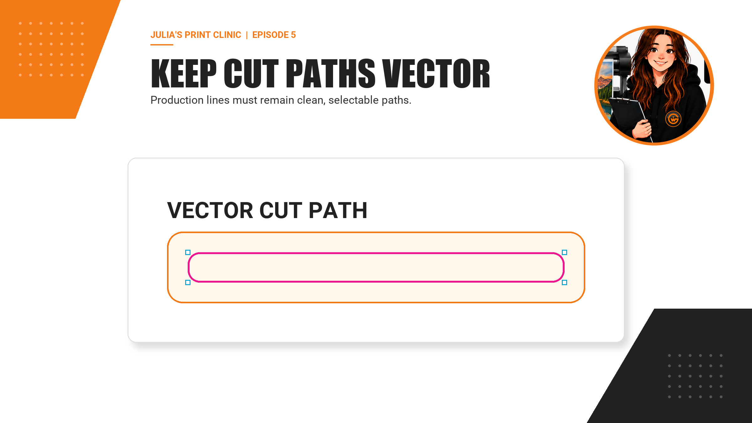 Technical card showing a magenta vector cut path with editable anchor points.
