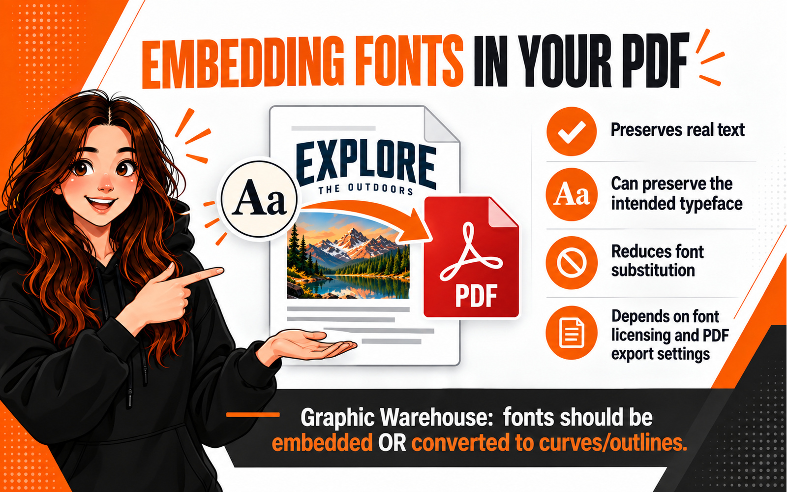 Workflow showing font embedding from design file into a print PDF