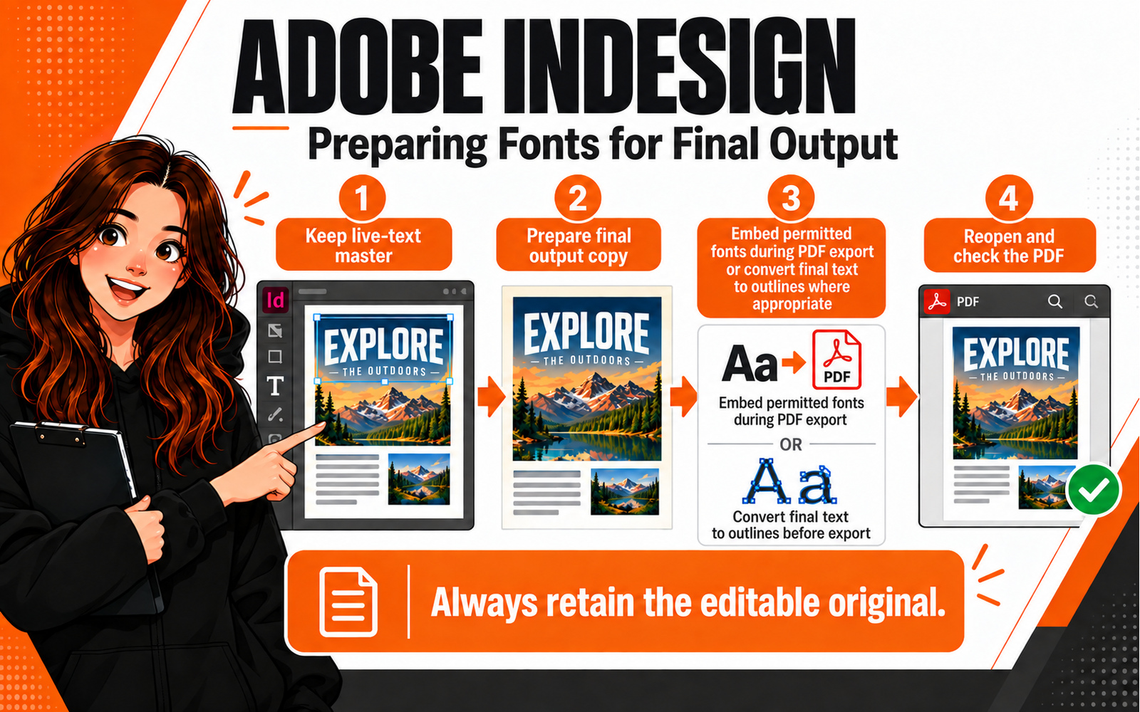 InDesign workflow for embedding permitted fonts or outlining final text before PDF export