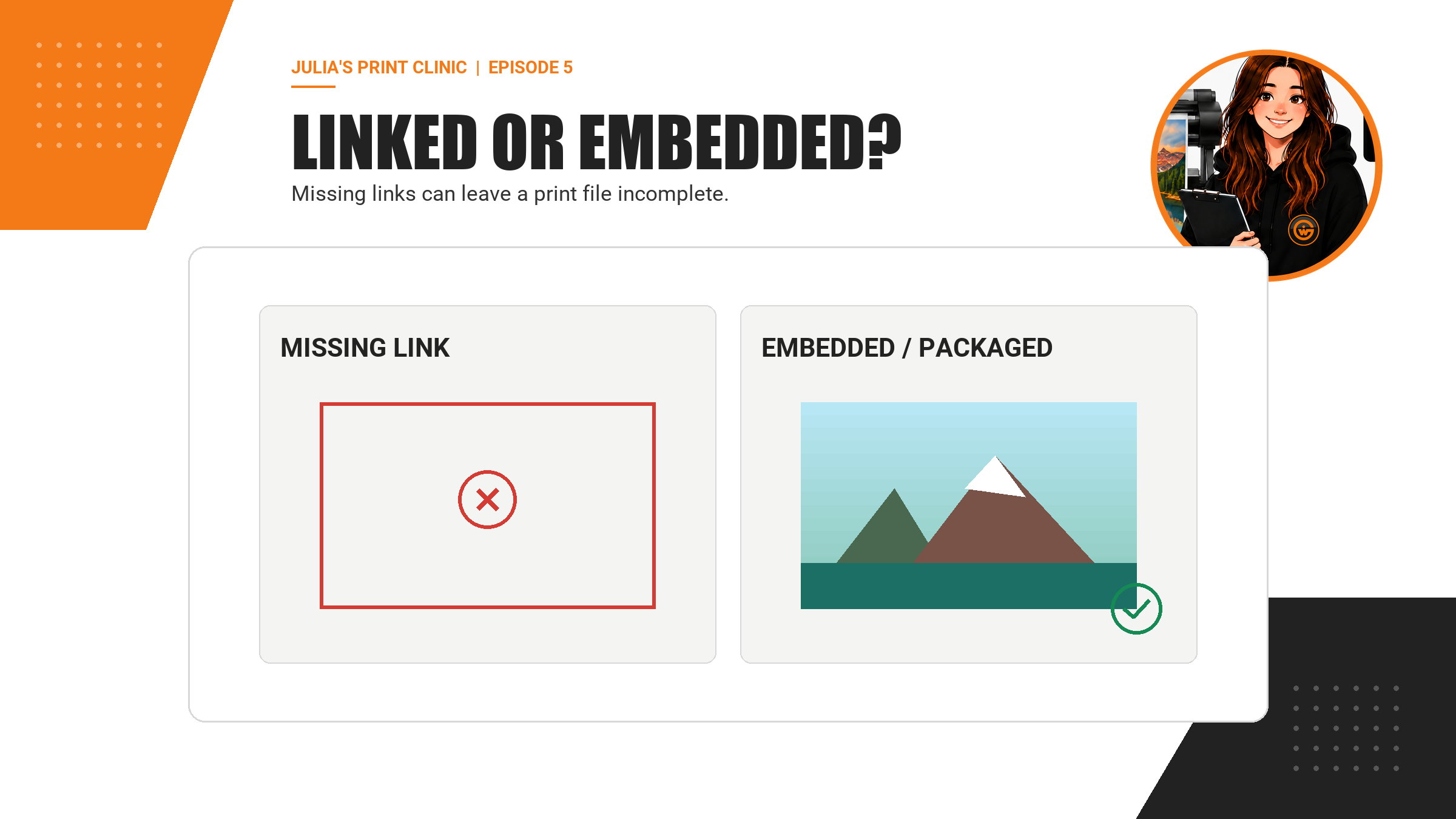 Comparison of a missing linked image and a correctly embedded or packaged image.