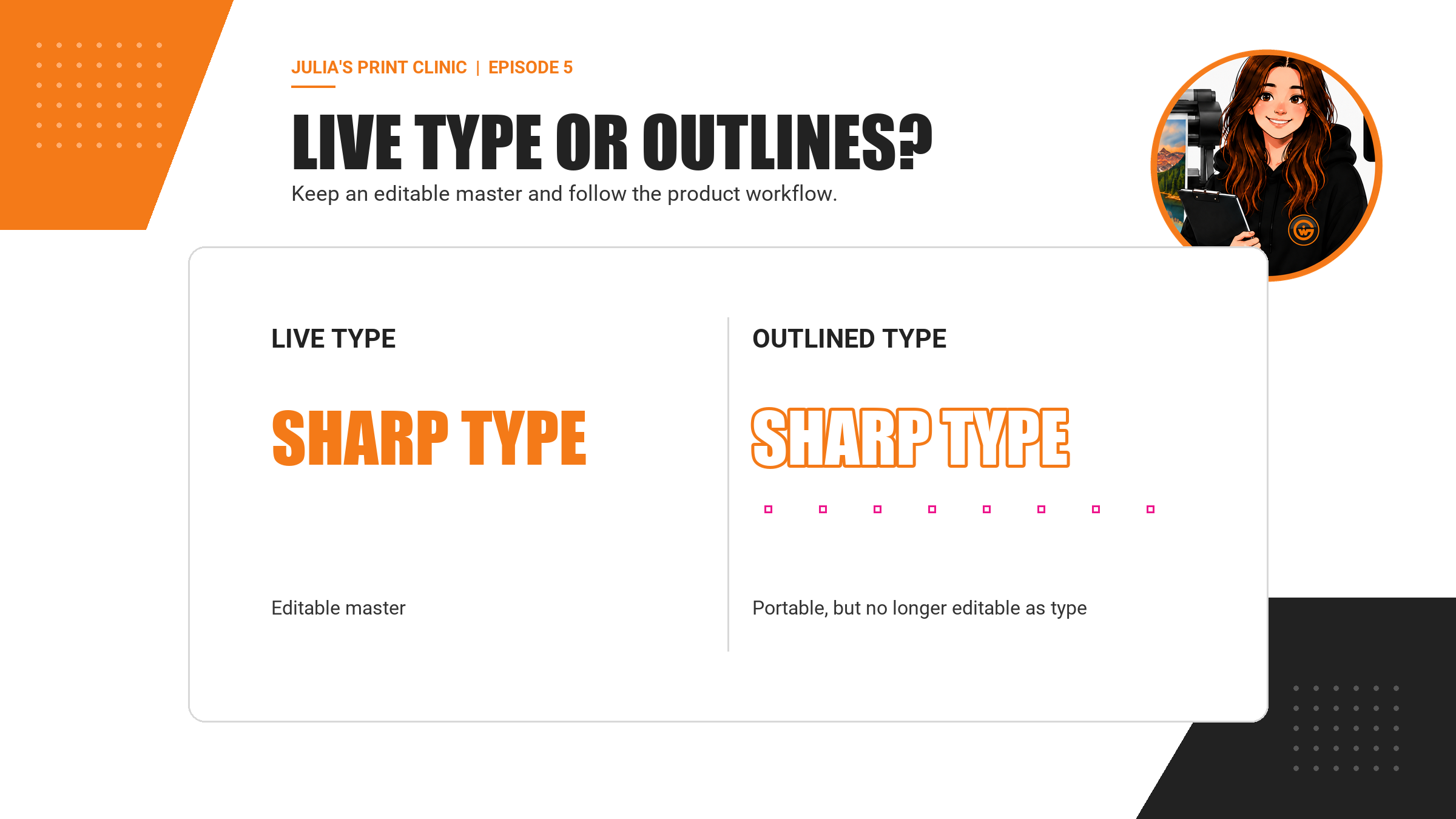 Comparison between editable live type and vector-outlined type.