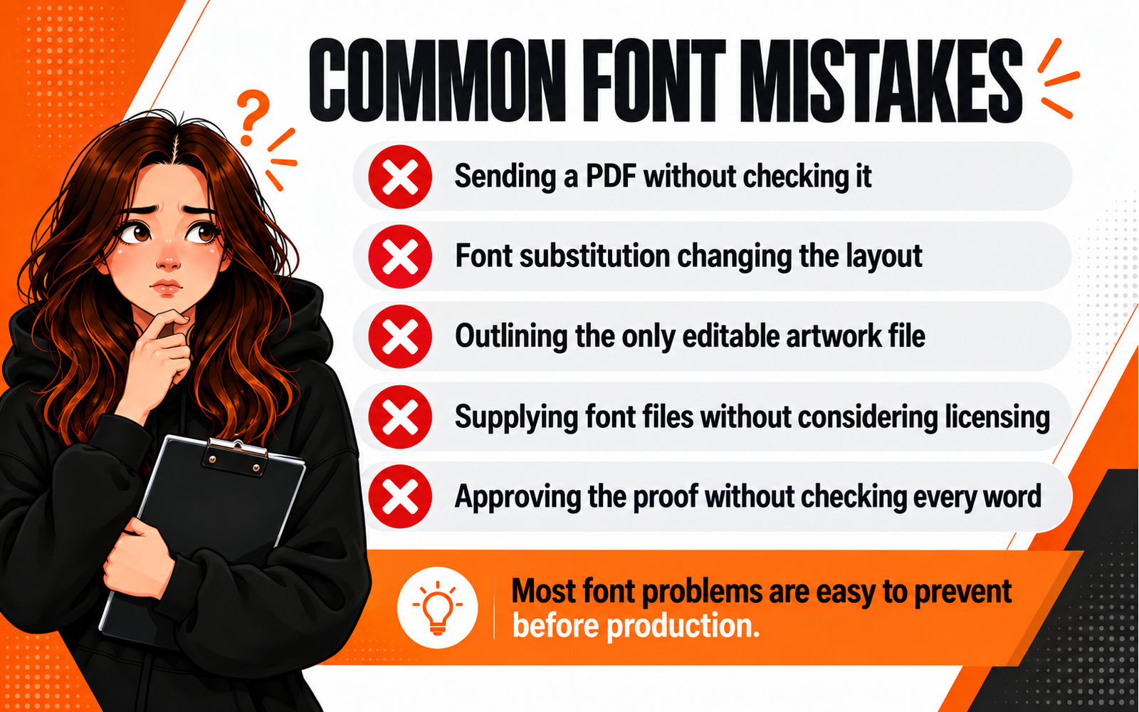Common print artwork font mistakes including substitution and premature outlining