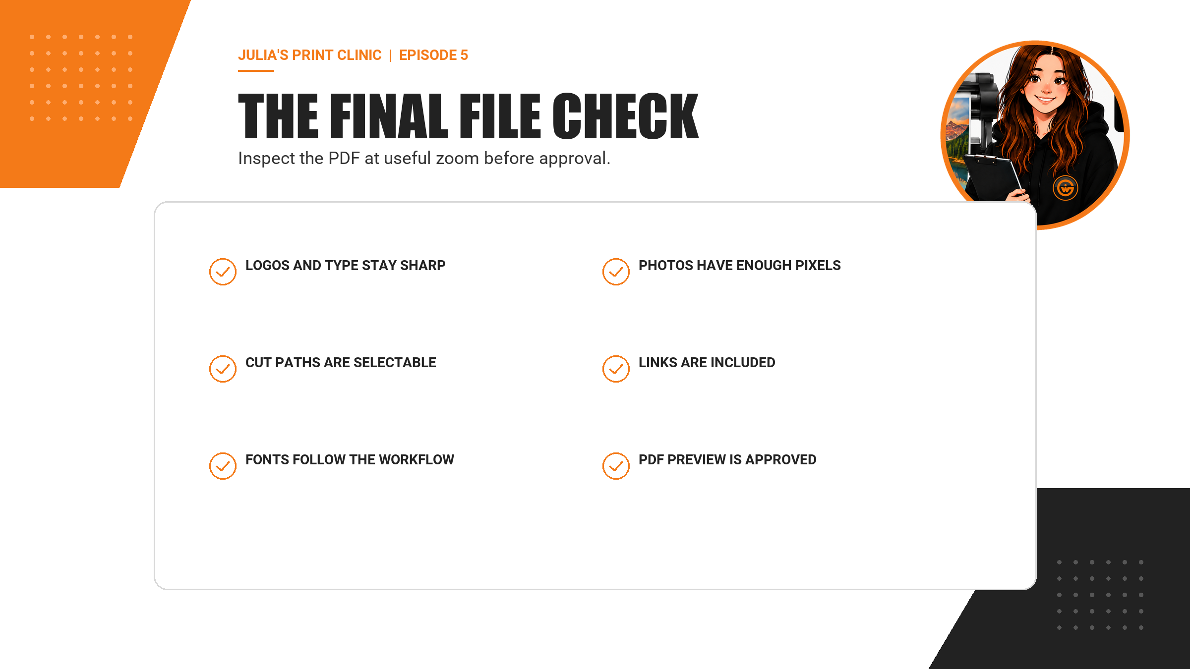 Six-point checklist for reviewing vector and raster artwork before print approval.